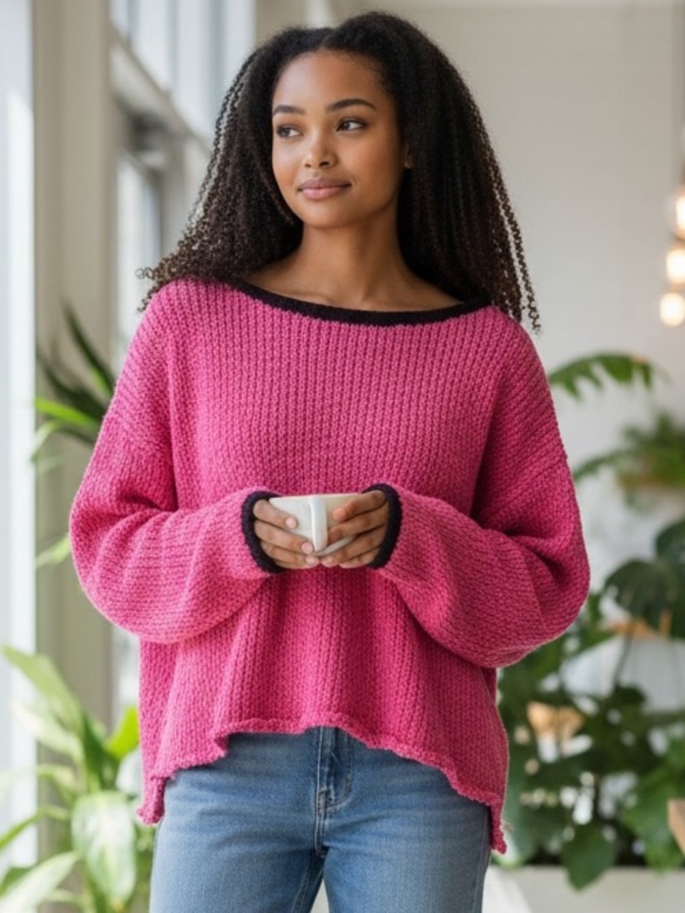 Zenana Hot Pink Knit Sweater Black Trim Lightweight Cotton Blend, Size S or M